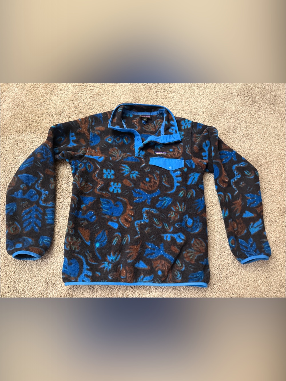 Patagonia Blue and Brown Abstract Pattern Fleece Pullover